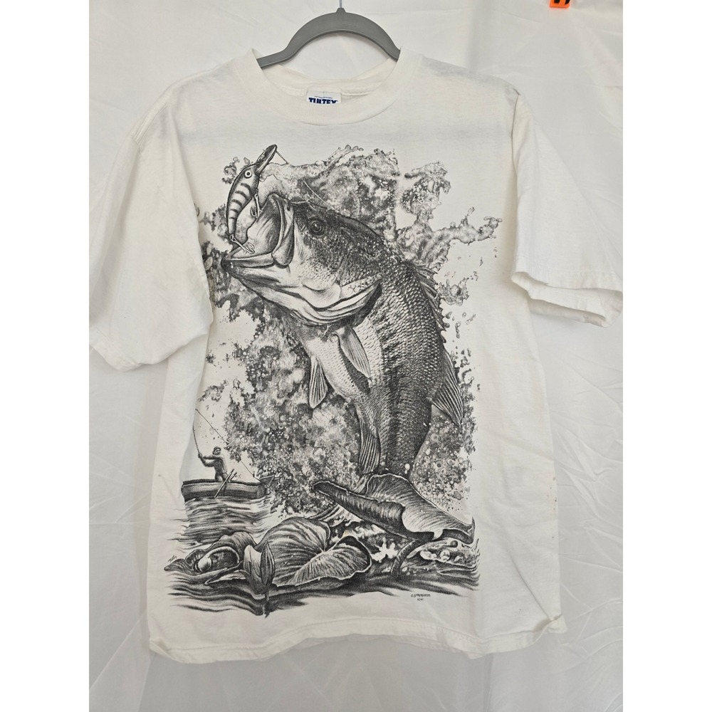 TULTEX Men's Large Graphic T-Shirt Bass Fishing‎ Angler Outdoors Adventure White